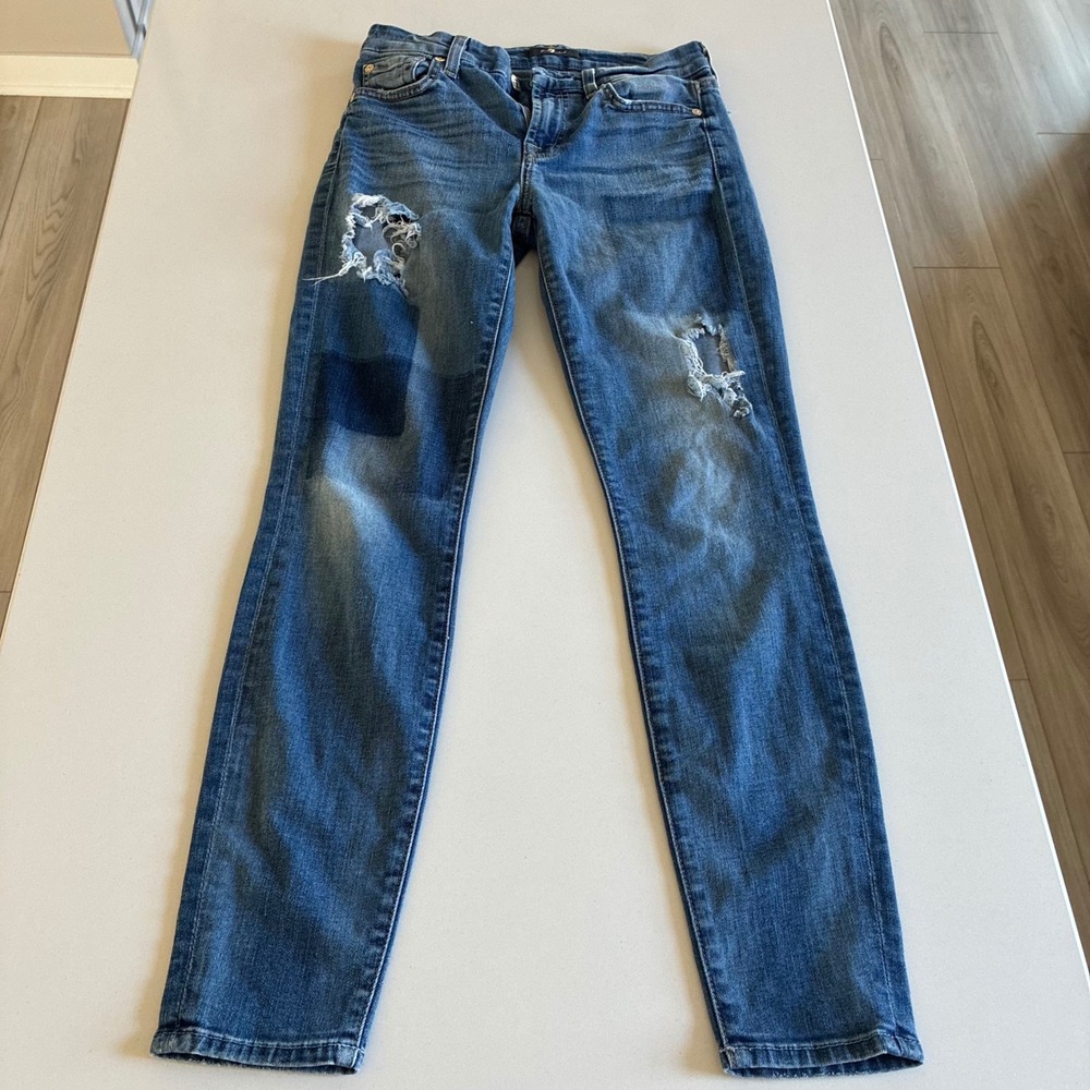 7 For All Mankind Womens Distressed Skinny Jeans Blue Denim Size 24 Ripped Patch